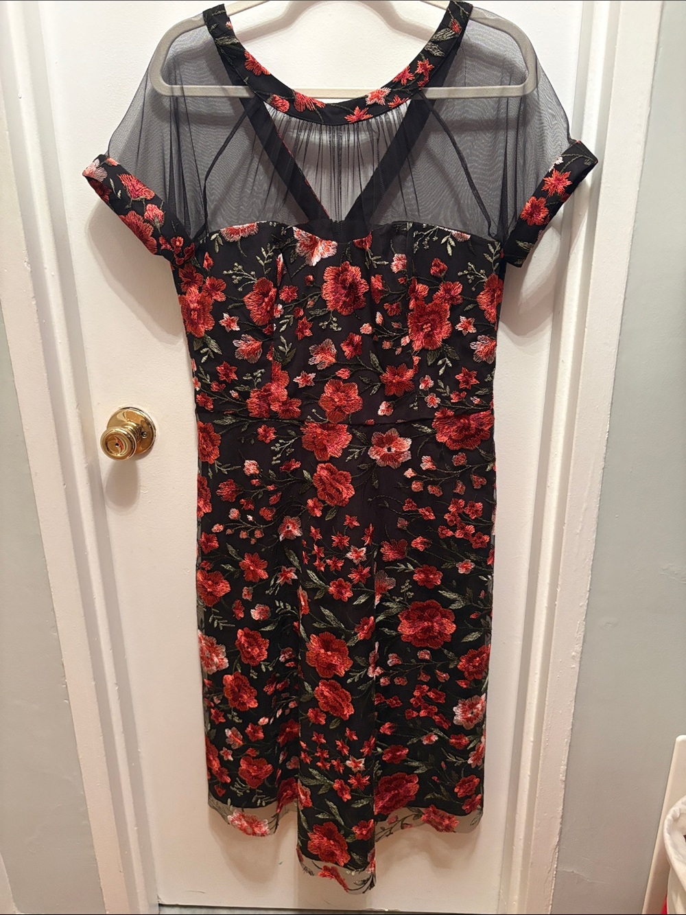 Maggy London Black Midi Dress with Red Floral Embroidery